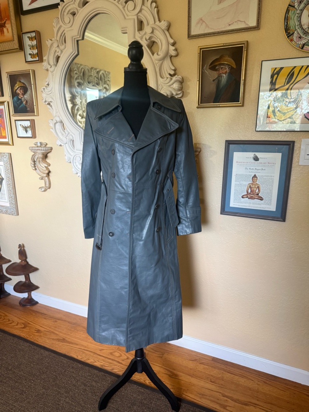 VTG I.Magnin gray leather double breasted coat jacket, Boho mob 70s chic cali